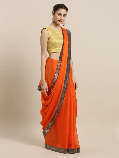 

Mitera Orange & Navy Blue Poly Chiffon Embellished Saree