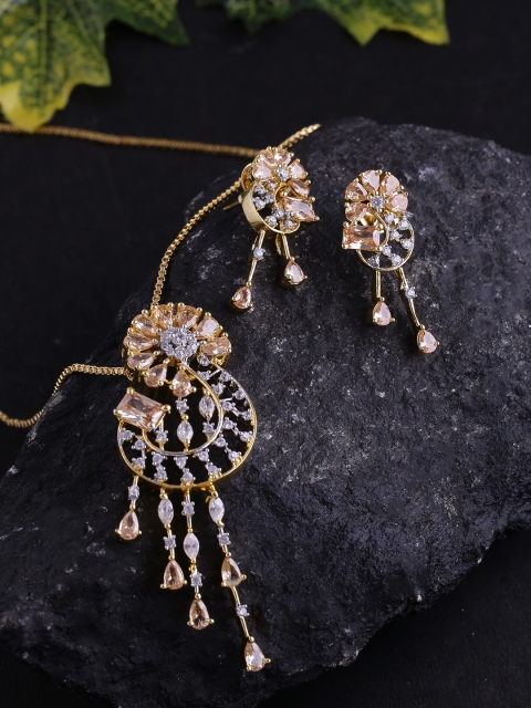 

Voylla Gold-Plated Pink & White CZ-Studded Handcrafted Jewellery Set