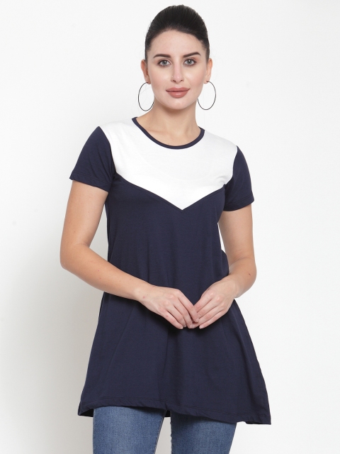 

Kalt Navy Blue & White Colourblocked Tunic