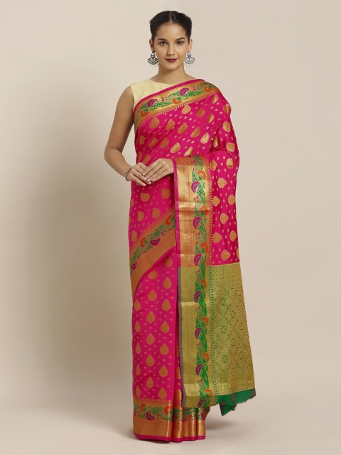 

Mitera Pink & Green Silk Cotton Woven Design Banarasi Saree