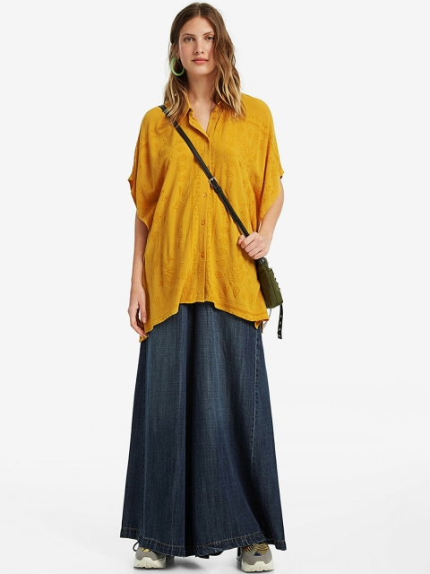

Desigual Women Yellow Boxy Self Design Casual Shirt