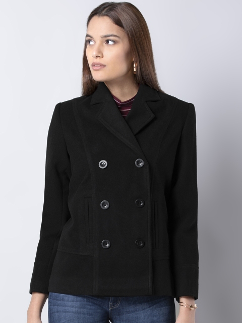 

FabAlley Women Black Solid Double-Breasted Pea Coat