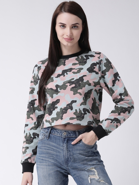 

Leo Sansini Women Green & Pink Camouflage Printed Crop Pullover Sweatshirt