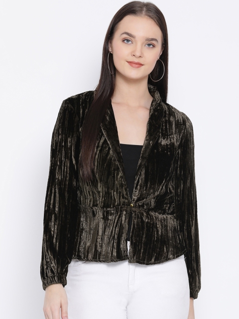 

Oxolloxo Women Green Solid Single-Breasted Crushed Velvet Blazer
