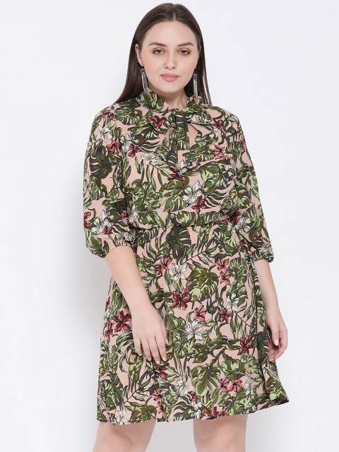 

Oxolloxo Women Peach-Coloured & Green Tropical Printed Fit and Flare Dress