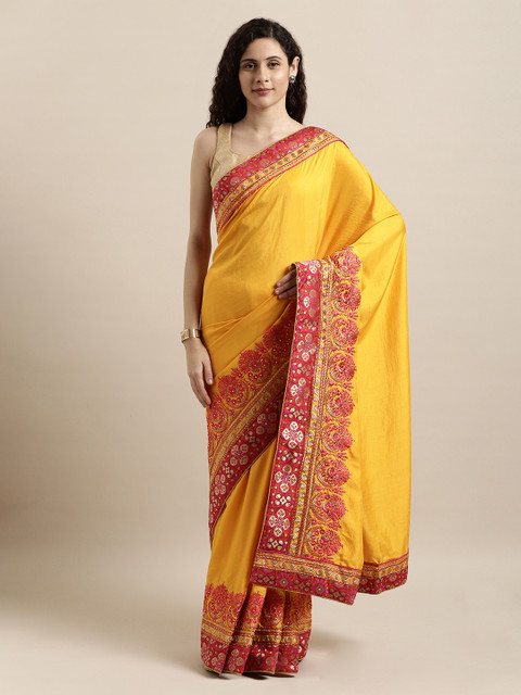 

Mitera Yellow & Red Poly Silk Embroidered Saree