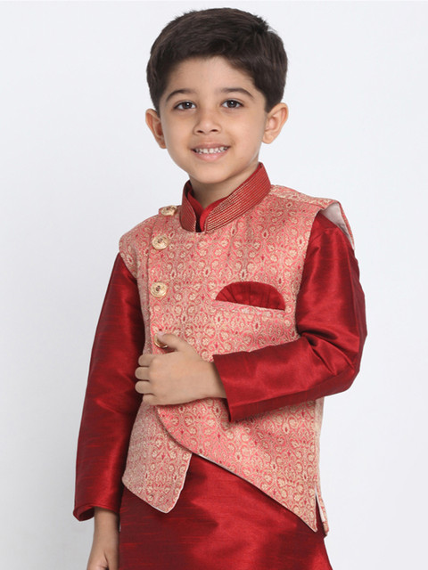 

JBN Creation Boys Peach Coloured & Red Woven Design Nehru Jacket