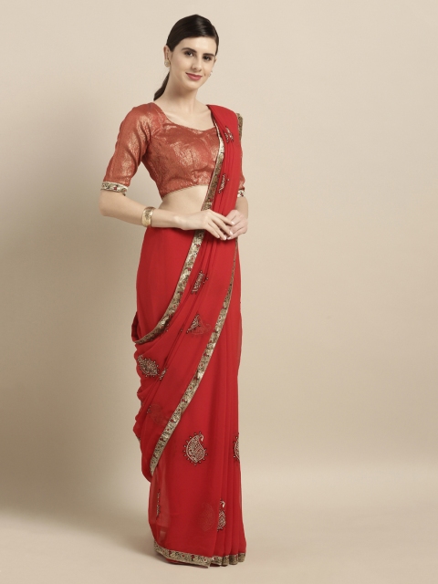 

Mitera Red Embroidered Poly Georgette Saree