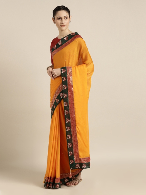 

Mitera Mustard Yellow & Red Poly Chiffon Embellished Saree