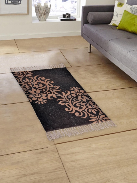 EverHOME Black & Brown Rectangle Printed No-shredding Light Dhurrie