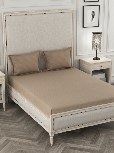 Ariana Beige Striped 210 TC Cotton 1 King Bedsheet with 2 Pillow Covers