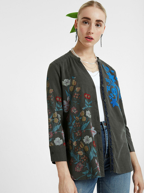 

Desigual Women Olive Green Slim Fit Embroidered Casual Shirt