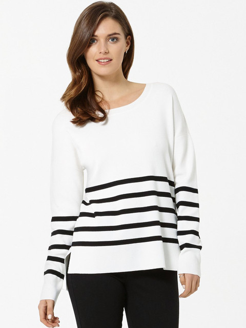 

Forever New Women White & Black Striped Pullover Sweater