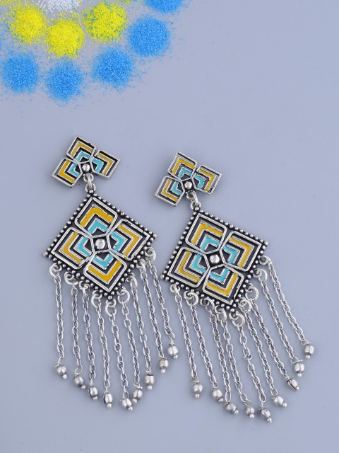 

Voylla Silver-Plated Oxidised & Multicoloured Drop Earrings