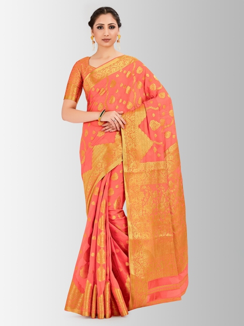 

MIMOSA Peach-Coloured & Beige Poly Chiffon Woven Design Banarasi Saree