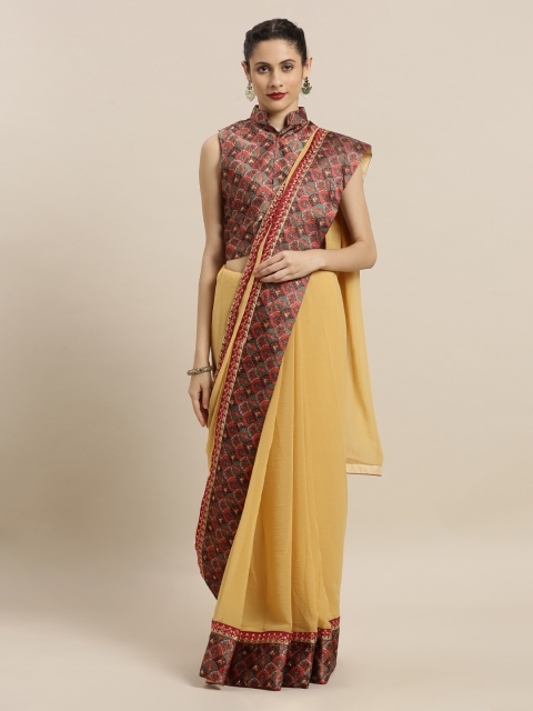 

Mitera Beige Printed Poly Chiffon Saree