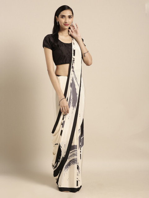 

Mitera Cream-Coloured & Black Pure Crepe Printed Saree