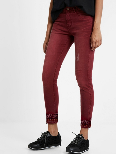 

Desigual Women Maroon Skinny Fit Solid Regular Trousers