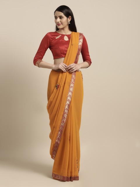 

Mitera Mustard & Red Poly Chiffon Solid Saree