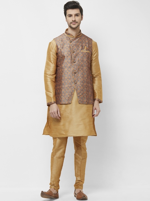 

irin Men Gold-Coloured & Brown Solid Kurta with Churidar