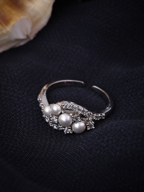 

Voylla Women Silver-Plated & White CZ-Studded Handcrafted Adjustable Finger Ring