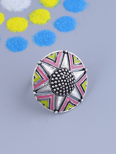 

Voylla Women Silver-Plated Pink & Yellow Enamelled Handcrafted Finger Ring