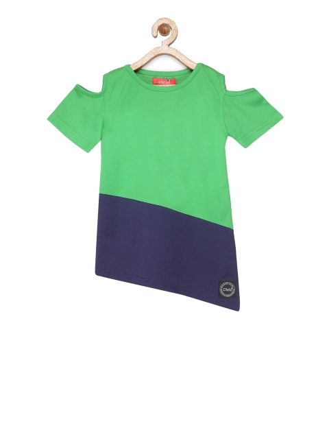 

Olele Girls Green & Navy Blue Colourblocked Asymetrical A-Line Top
