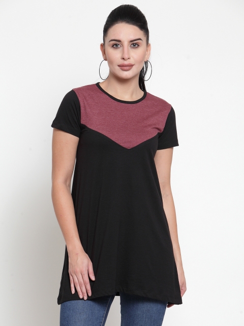 

Kalt Women Black & Maroon Colourblocked Round Neck Longline T-shirt