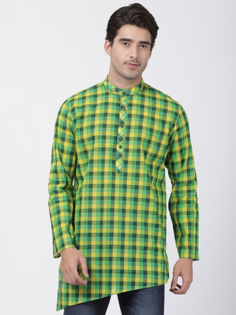 

VASTRAMAY Men Green & Yellow Checked Asymmetric Straight Kurta