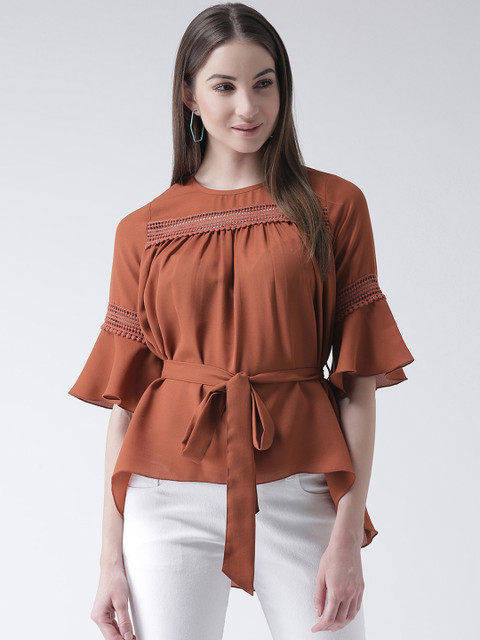 

Texco Women Rust Brown Solid Cinched Waist Top