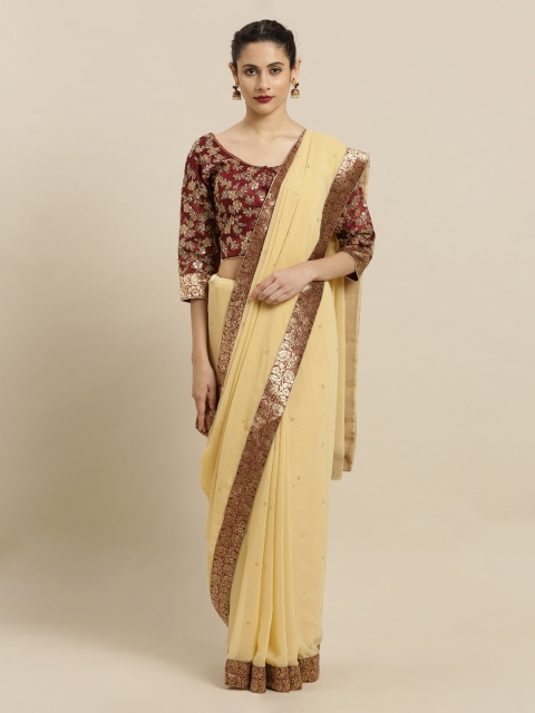 Mitera Beige & Gold-Toned Poly Georgette Embellished Saree