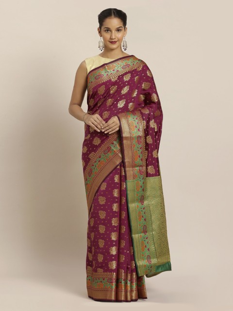 

Mitera Purple & Green Silk Cotton Woven Design Banarasi Saree