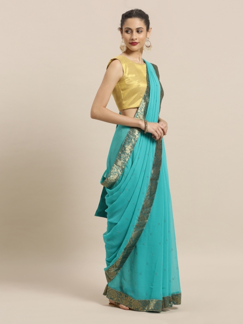 

Mitera Turquoise Blue & Green Poly Chiffon Woven Design Saree