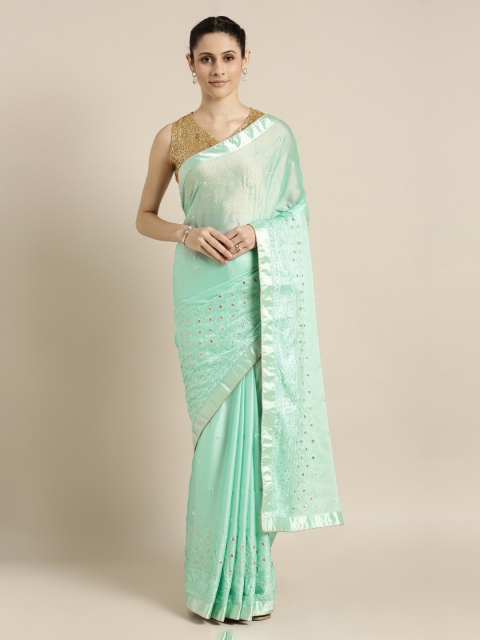 

Mitera Sea Green & Silver-Coloured Poly Georgette Embellished Saree