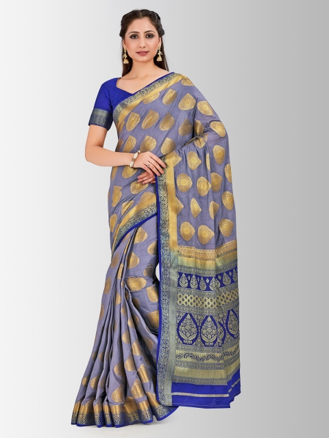 

MIMOSA Teal Blue & Gold-Coloured Poly Crepe Woven Design Mysore Silk Saree