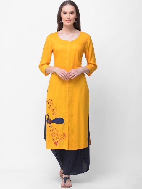 

aayusika Women Mustard Yellow & Navy Blue Embroidered Kurta with Palazzos