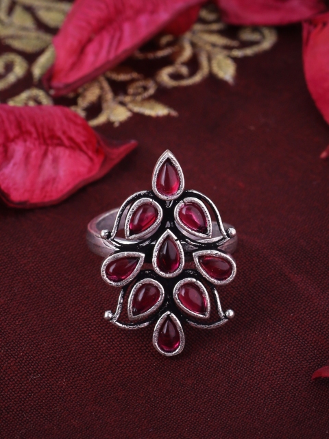 

Voylla Women Silver-Plated & Red Stone-Studded Handcrafted Finger Ring