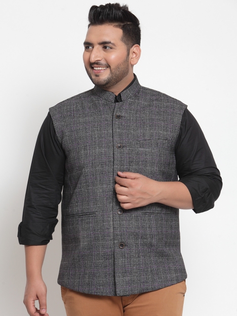 

plusS Men Grey & Black Checked Nehru Jacket