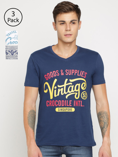 

Crocodile Men Pack Of 3 Printed V-Neck T-shirts, Navy blue