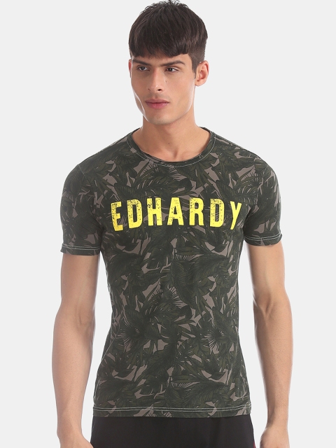 

Ed Hardy Men Olive Green & Grey Printed Round Neck Slim Fit T-shirt