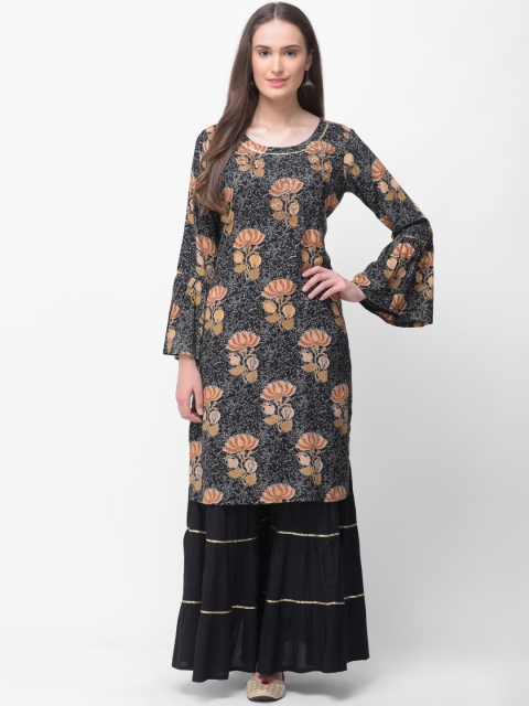 

aayusika Women Black & Beige Printed Kurta with Sharara