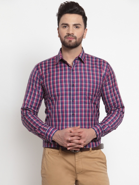 

Hancock Men Navy Blue & Red Slim Fit Checked Formal Shirt