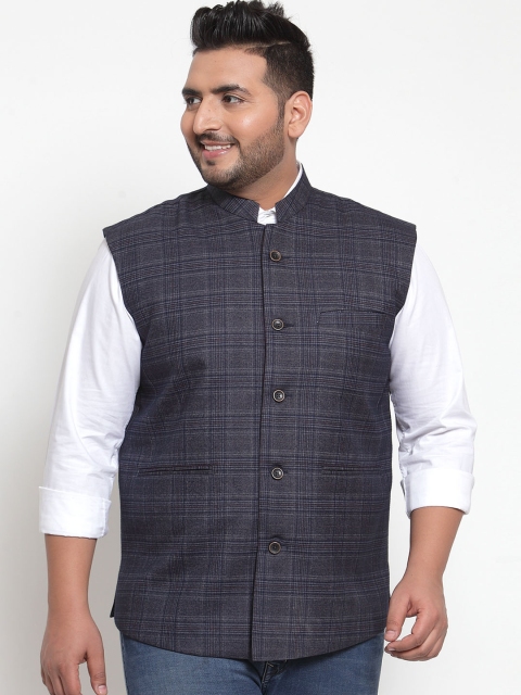 

plusS Men Grey & Navy Blue Checked Nehru Jacket