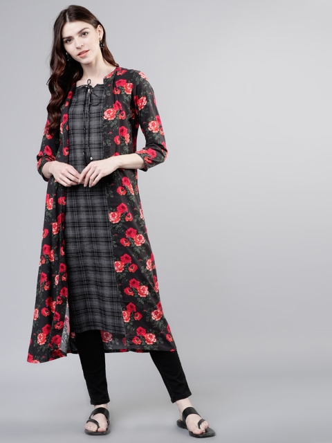 

Vishudh Women Black & Grey Floral Print A-Line Layered Kurta