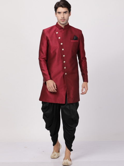

VASTRAMAY Men Maroon & Black Solid Silk Sherwani With Dhoti Pants