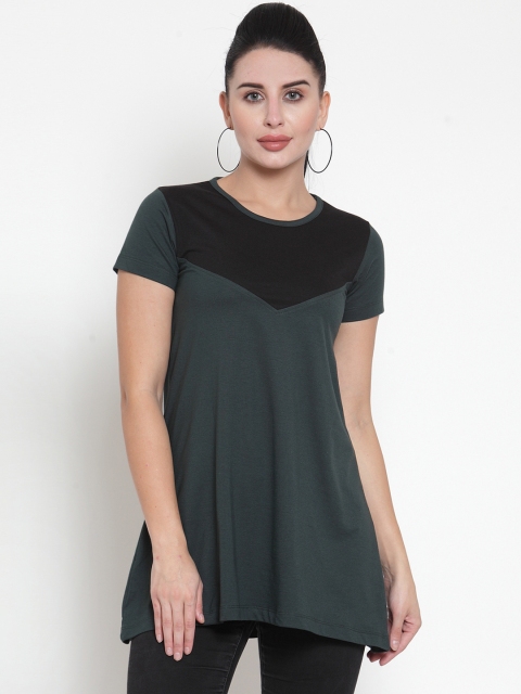 

Kalt Women Green & Black Colourblocked Round Neck Longline T-shirt