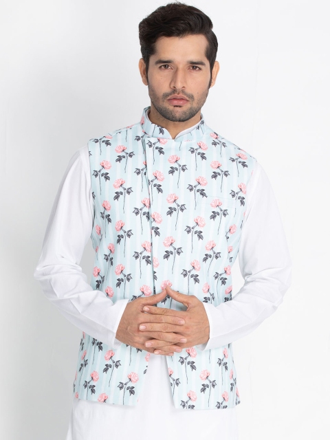 

VASTRAMAY Men Blue & Pink Floral Printed Woven Nehru Jacket