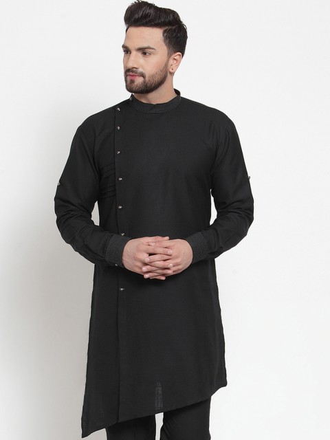 

TREEMODA Men Black Solid Straight Linen Asymmetric Kurta