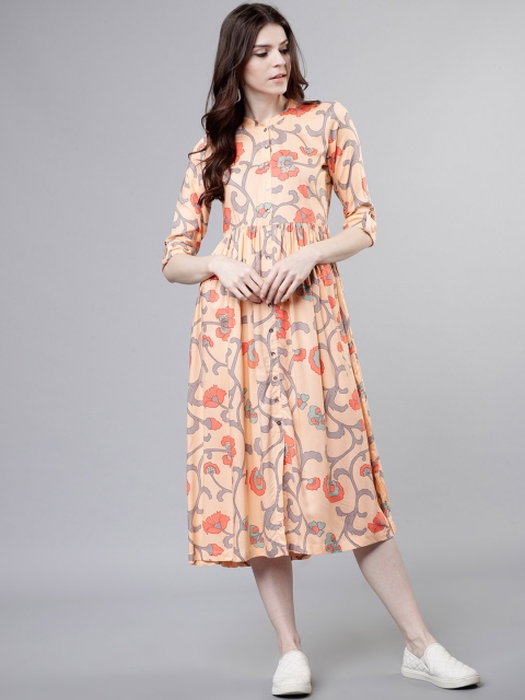 

Vishudh Women Peach-Coloured Floral Printed A-Line Dress
