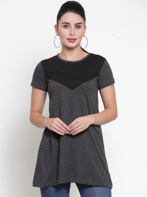 

Kalt Women Grey Melange & Black Colourblocked Round Neck Longline T-shirt